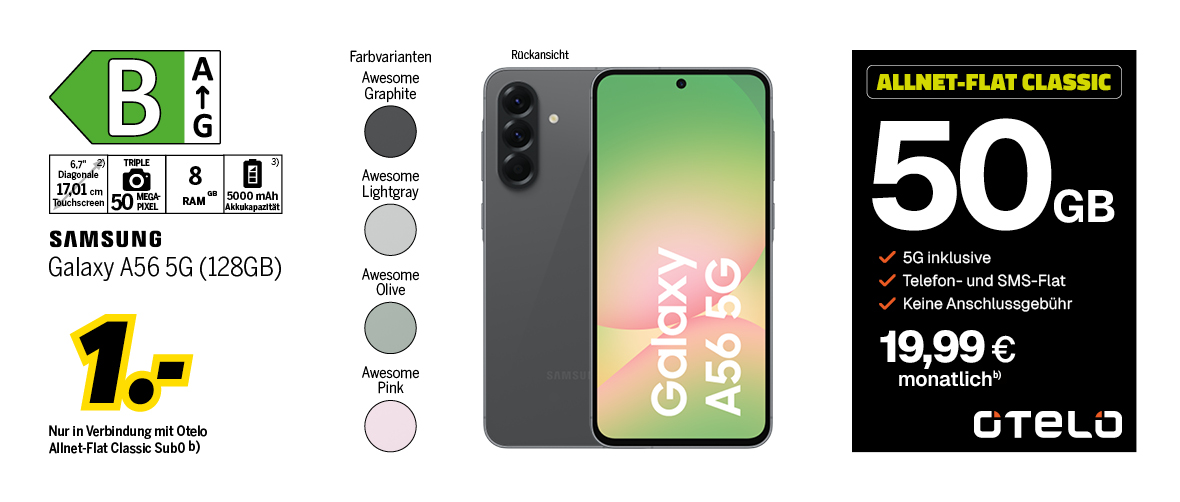 Galaxy A56 5G mit 128GB für einmalig 1€